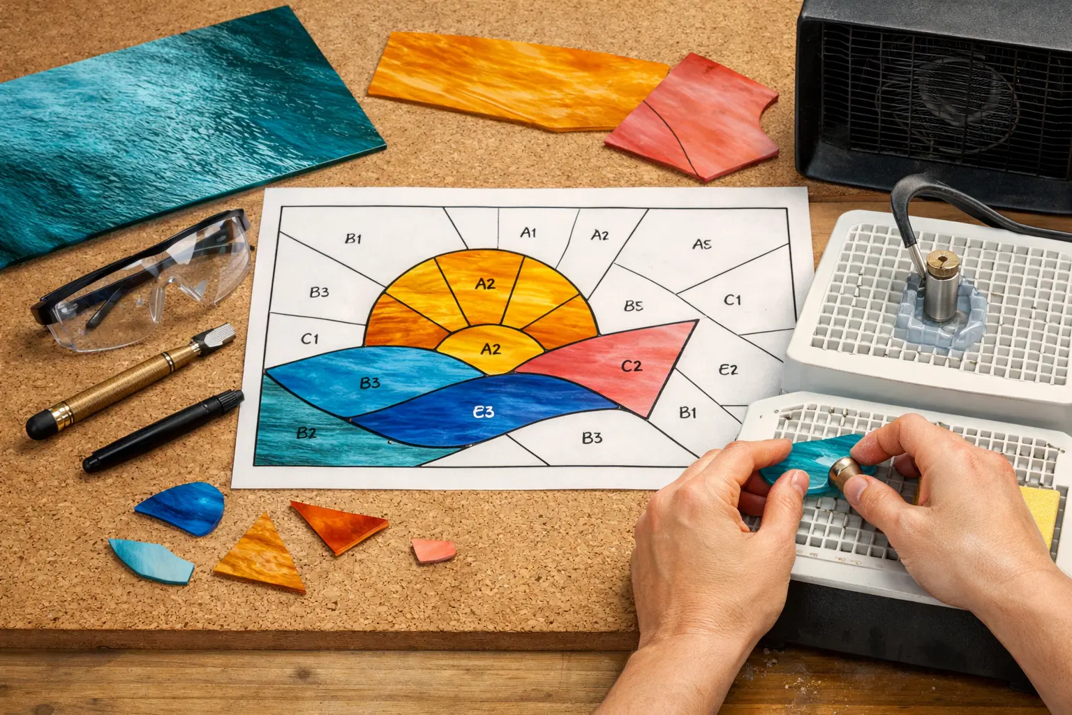 Illustration of step 1: Step 1: Trace the full-size pattern Lay out the pattern and label every piece before cutting. Match glass grain and color to the intended composition. Mark only the cut lines you can make reliably, and leave space on the bench for separated offcuts.