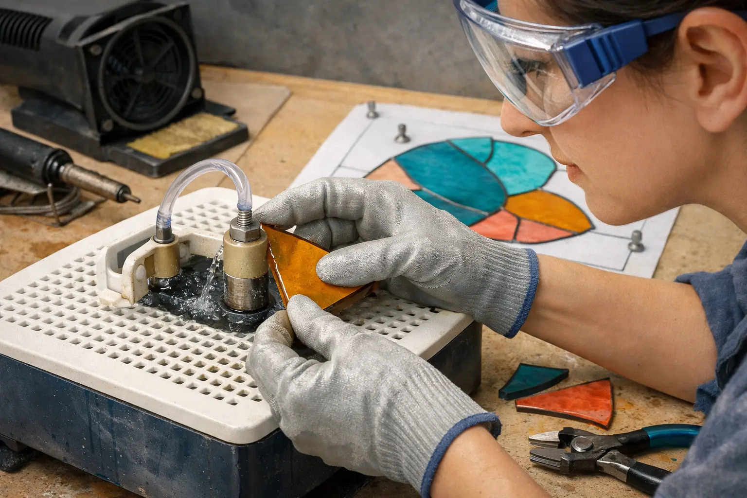 Illustration of step 4: Step 4: Wet-grind the edges to fit Use the manufacturer-approved water supply at the bit. Hold the glass securely and apply light pressure to remove small mismatches. Check fit against the full-size pattern repeatedly; grinding should refine the shape rather than replace careful cutting.