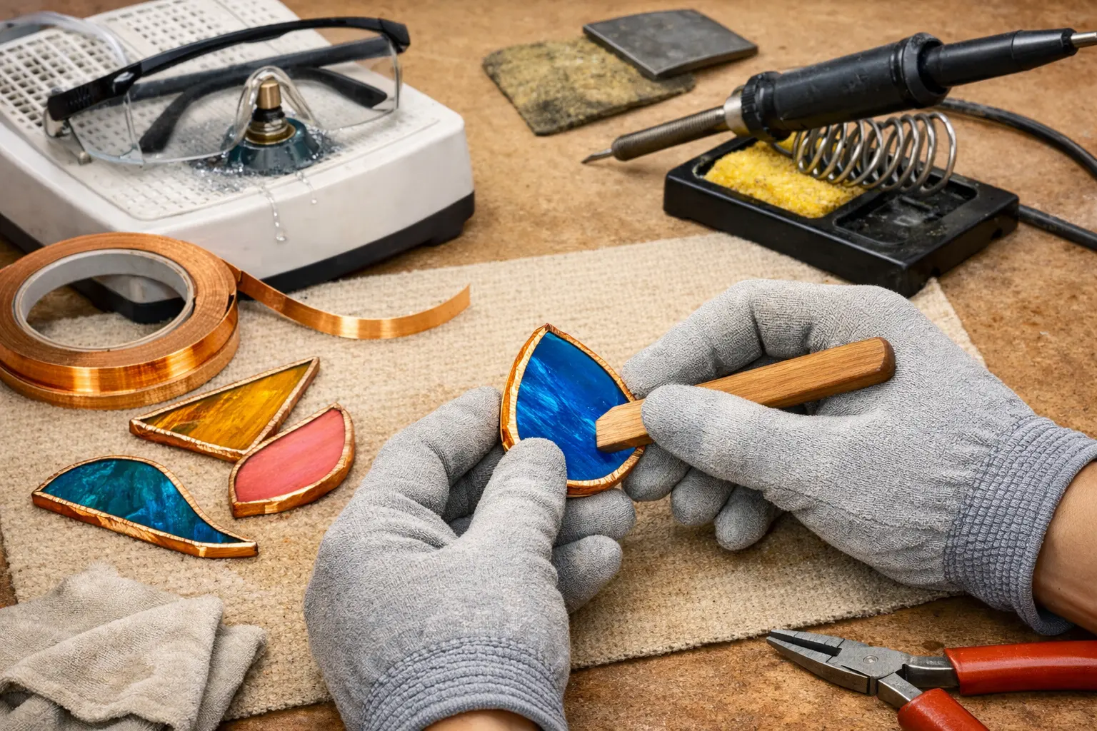 Illustration of step 5: Step 5: Clean, foil and burnish each piece Wash away grinding residue and fully dry the edges. Center the foil evenly, overlap the ends neatly and burnish the foil firmly around both faces. Inspect and rework lifting edges before solder touches the piece.