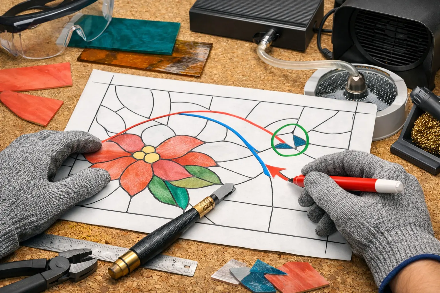 Illustration of step 1: Step 1: Inspect the pattern and choose a cut path Identify long straight scores, easy curves and difficult inside corners. Leave allowance for any grinding and avoid committing to a delicate glass tip that will be hard to support.