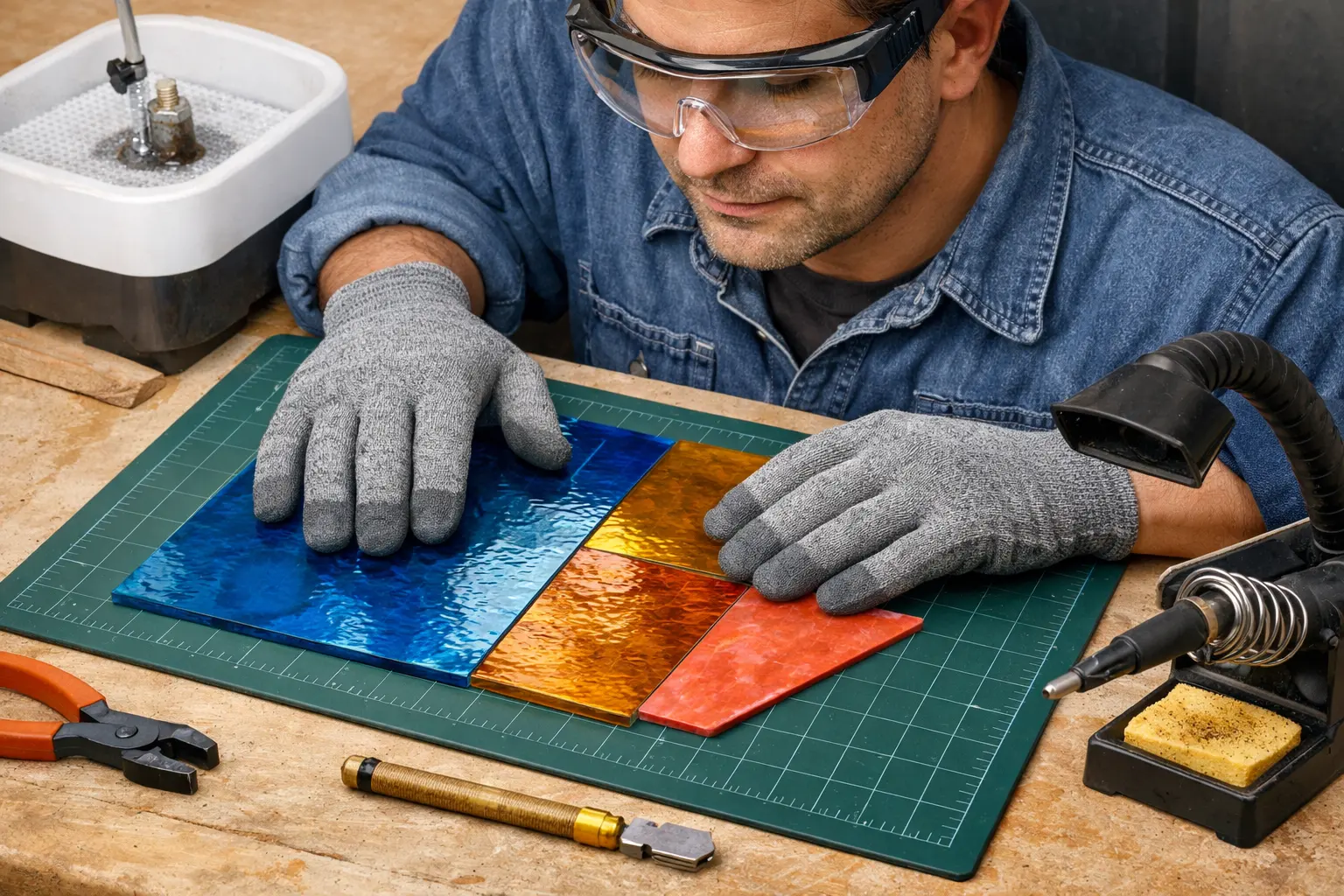 Illustration of step 2: Step 2: Prepare the support surface Remove gritty debris under the sheet. Place glass on a flat cutting mat, choose safe hand positions and wear appropriate impact-resistant eye protection.