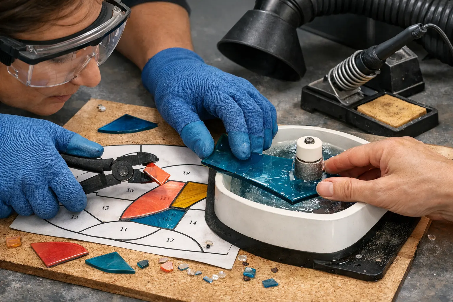 Illustration of step 5: Step 5: Refine safely and recheck fit Use grozing tools for small corrections, then a water-cooled grinder as needed. Check pieces against the template rather than relying on remembered dimensions.