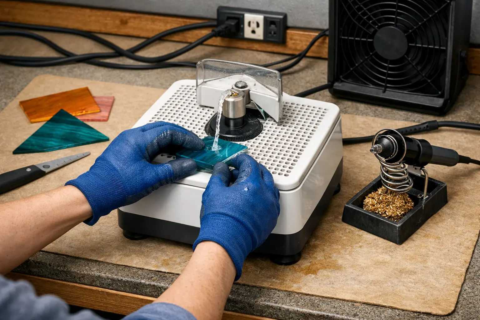 Illustration of step 1: Step 1: Place the grinder on a stable surface Use a level bench away from food preparation, and route electrical cords away from the water and wet grinding slurry. Follow the grinder manufacturer’s electrical safety requirements.