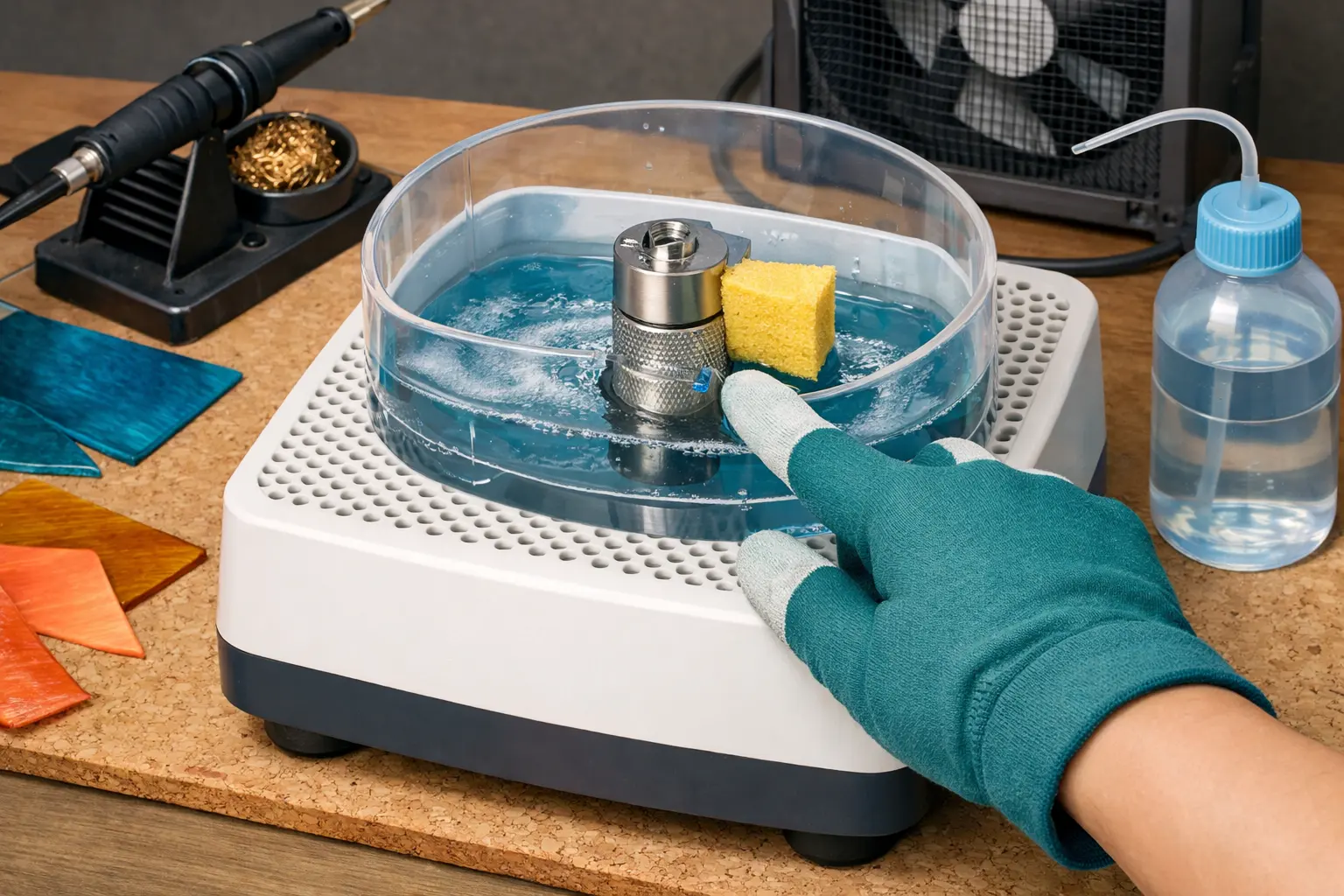 Illustration of step 2: Step 2: Check the bit and water supply Confirm the correct diamond bit is fitted for your model, water reservoir is filled to the marked level and the sponge or brush reaches the bit as designed.