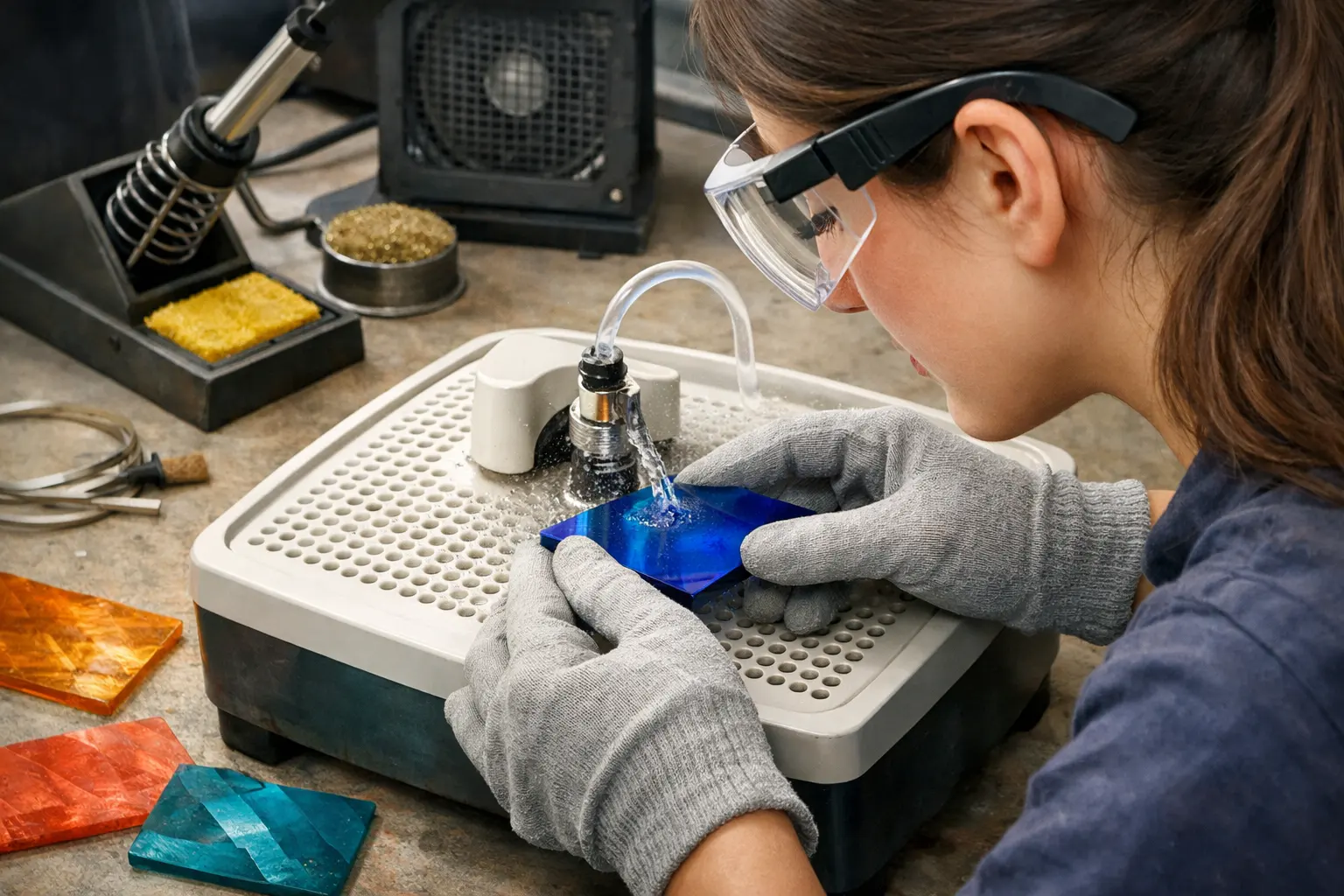 Illustration of step 3: Step 3: Put on protection and start carefully Wear eye protection and keep long hair, jewelry and loose clothing clear of moving parts. Start the grinder only after the work area is clear.