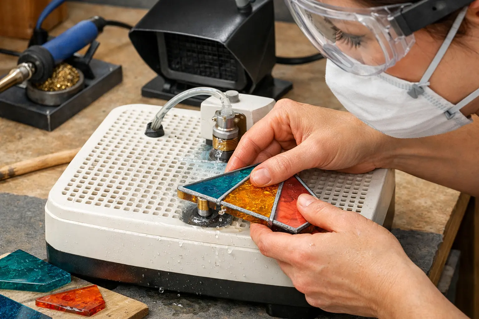 Illustration of step 4: Step 4: Guide the glass edge using light pressure Hold the piece securely on the table and move it steadily against the bit. Remove small amounts, checking fit frequently; never use the tool as a dry grinder.