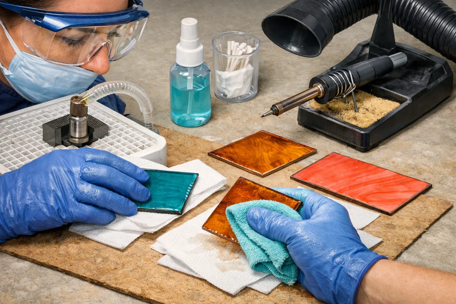Illustration of step 2: Step 2: Clean and completely dry glass edges Remove wet-grinding slurry and oils with an appropriate cleaner, then dry the edges. Tape adhesive struggles on dirty or damp glass.