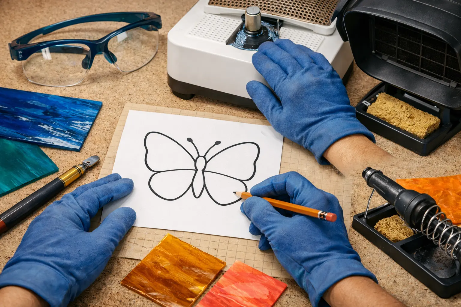 Illustration of step 1: Step 1: Sketch a butterfly with broad wing shapes Choose a compact outline without deep sharp notches or wafer-thin glass antennae.