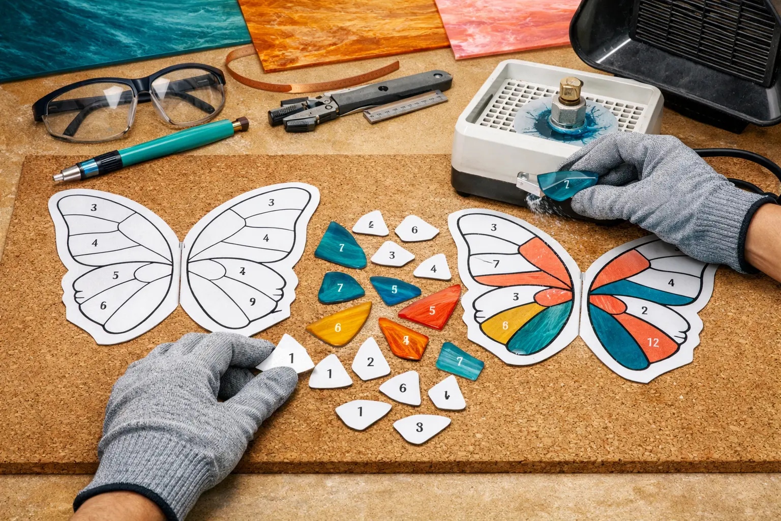 Illustration of step 2: Step 2: Draw full-size and mirrored wing references Make a master pattern and separate the numbered cut pieces.