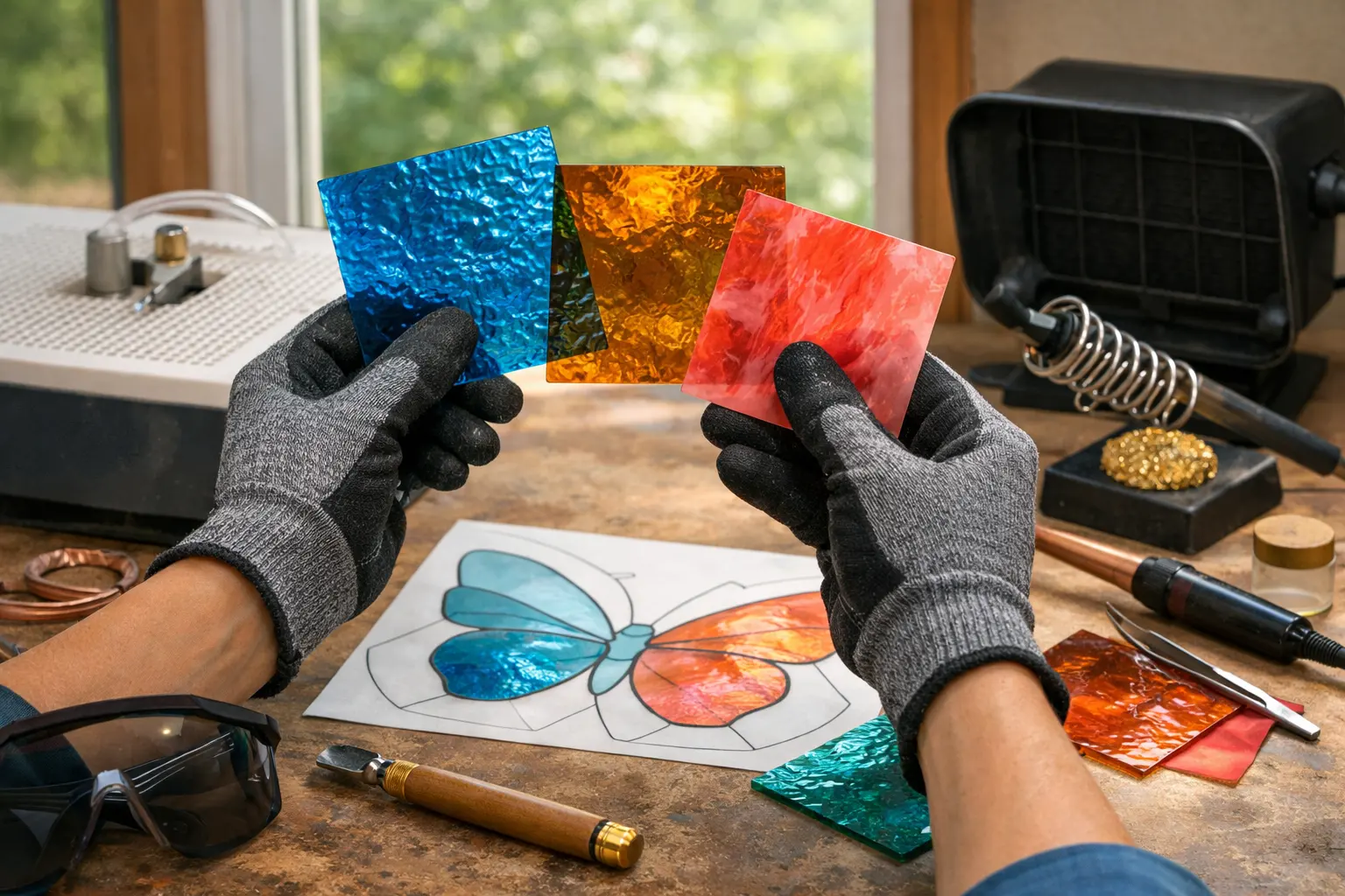 Illustration of step 3: Step 3: Select three or four complementary art-glass tones View sample glass in daylight and check actual thickness and texture.