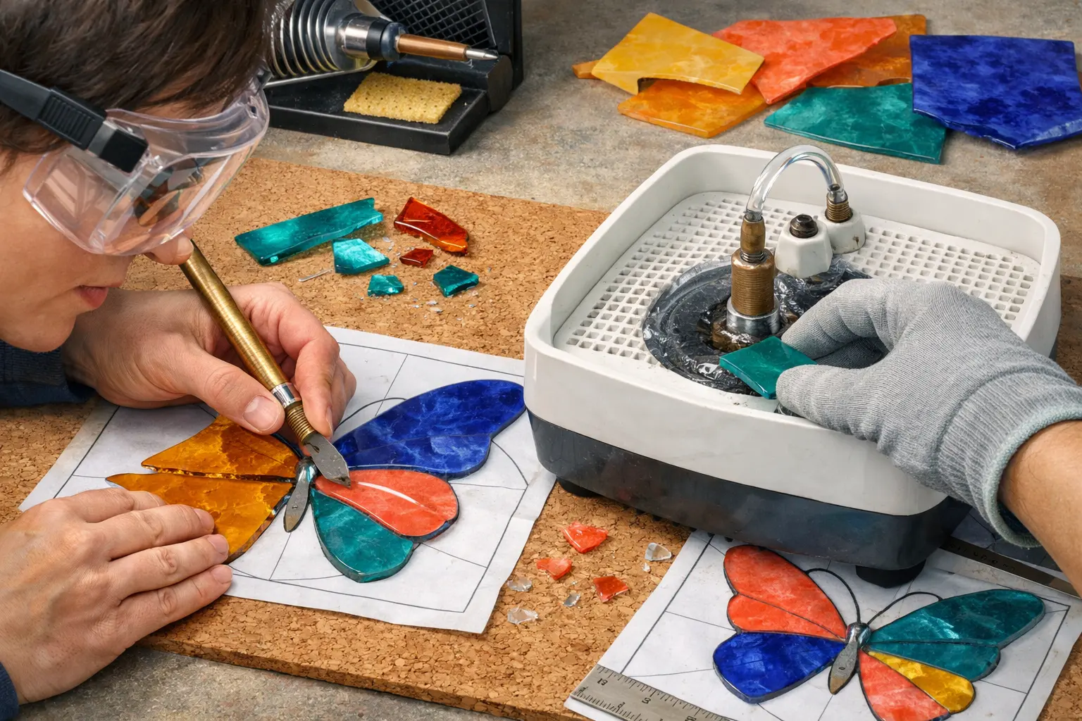 Illustration of step 4: Step 4: Score, break and wet-grind each part Work from larger waste sections to the final outline and check against the master.