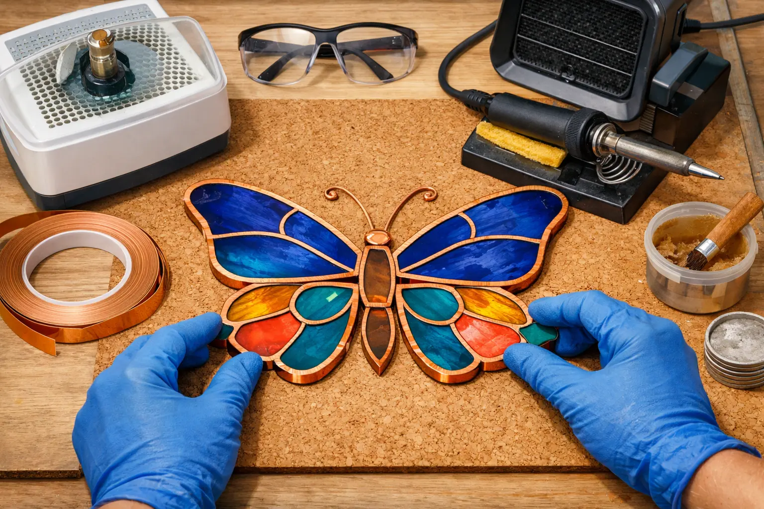 Illustration of step 5: Step 5: Clean, foil and assemble symmetrically Burnish copper foil and arrange all pieces on a heat-safe work surface.